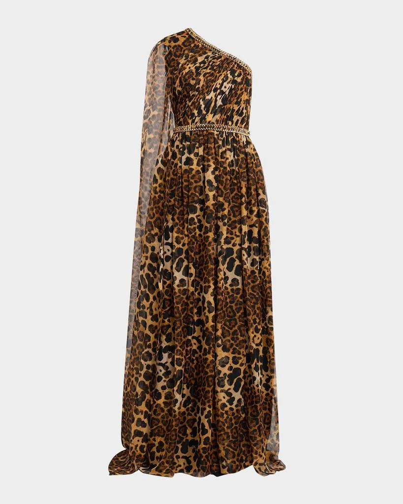 Pamella Roland Leopard Chiffon Cape-Sleeve One-Shoulder Gown With Embroidered Belt 1