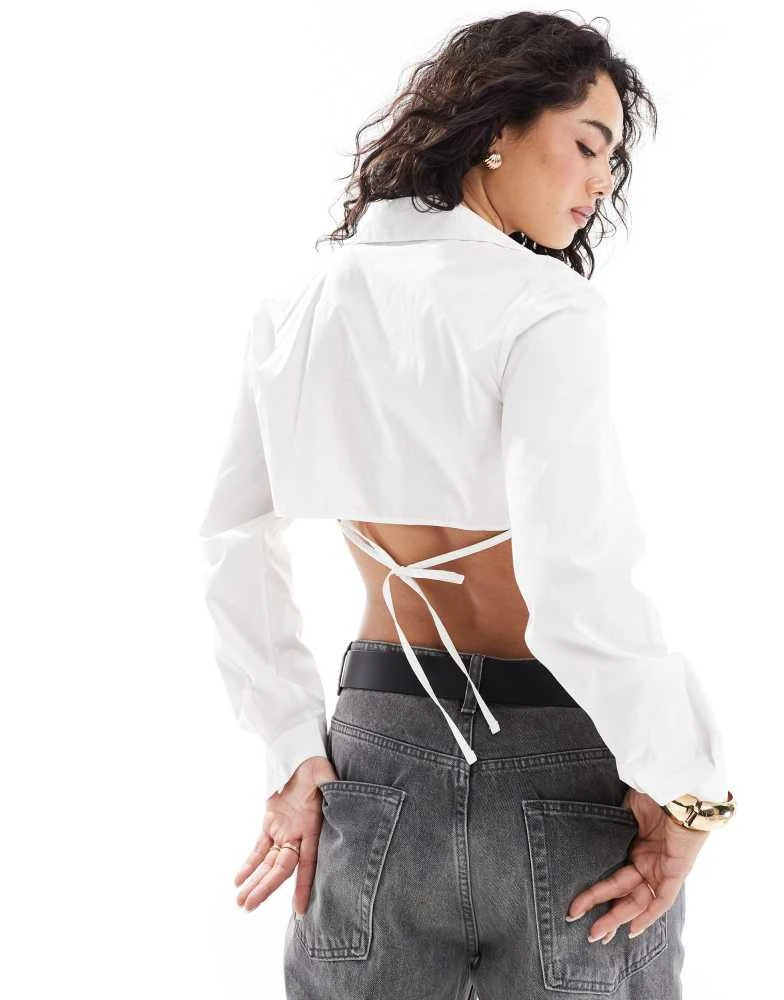 Bershka Bershka boxy tie back shirt in white 1
