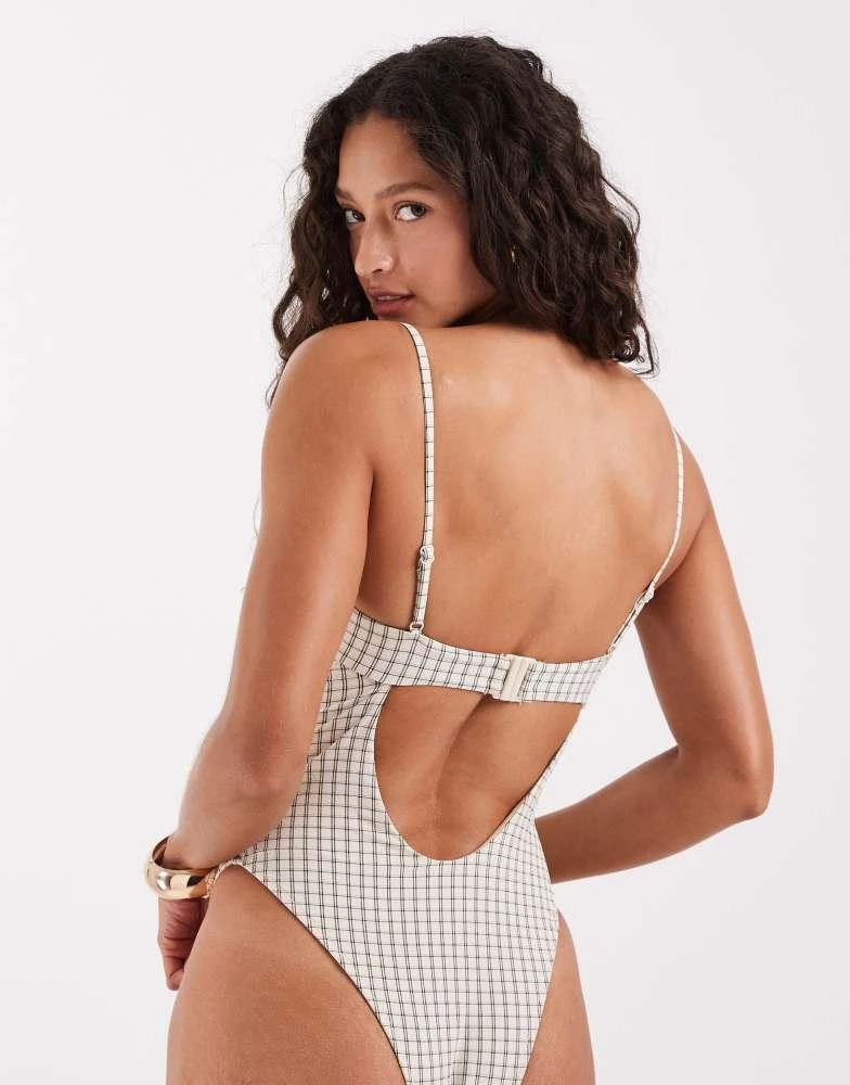 ASOS ASOS DESIGN Piper paper touch check ruched balcony swimsuit in checked print 3