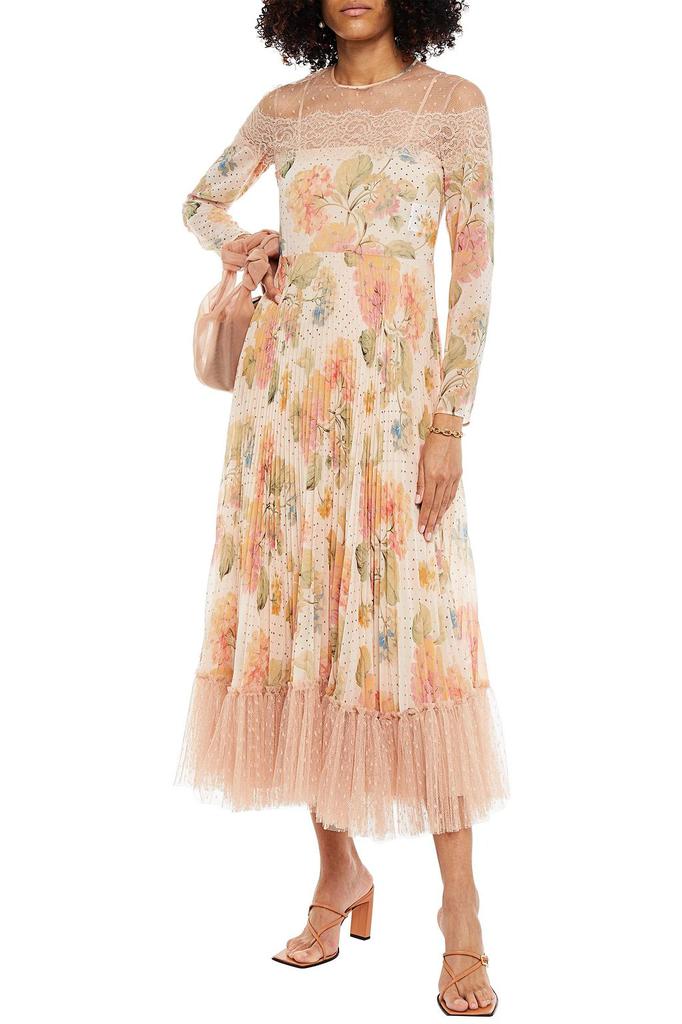 RED Valentino Pleated floral-print georgette, lace and point d'esprit midi dress