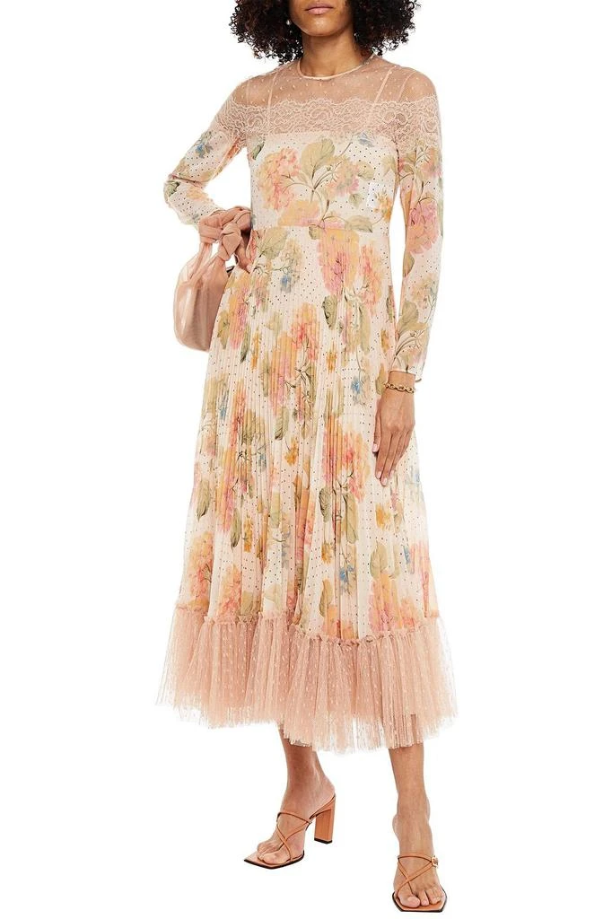 REDVALENTINO Pleated floral-print georgette, lace and point d'esprit midi dress 2