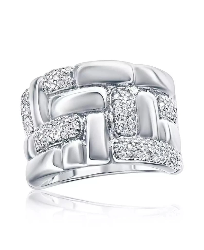 Suzy Levian New York Pave Cubic Zirconia Silver Puff Woven Motif Extra Wide Band Ring