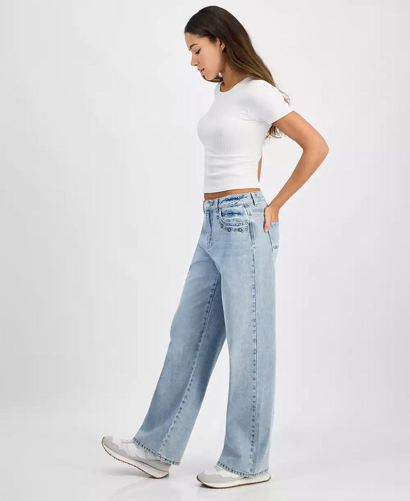 Indigo Rein Juniors' High-Rise Embroidered Wide-Leg Jeans