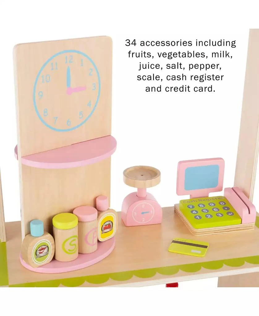 Trademark Global Hey Play Kids Fresh Market Selling Stand - Wooden Grocery Store Playset With Toy Cash Register, Scale, Pretend Credit Card And Food Accessories 3