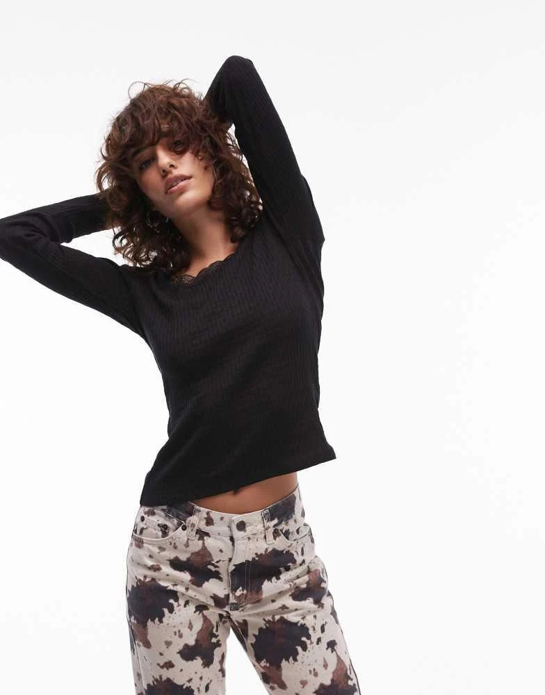 Topshop Topshop lace pointelle long sleeve top in black 1