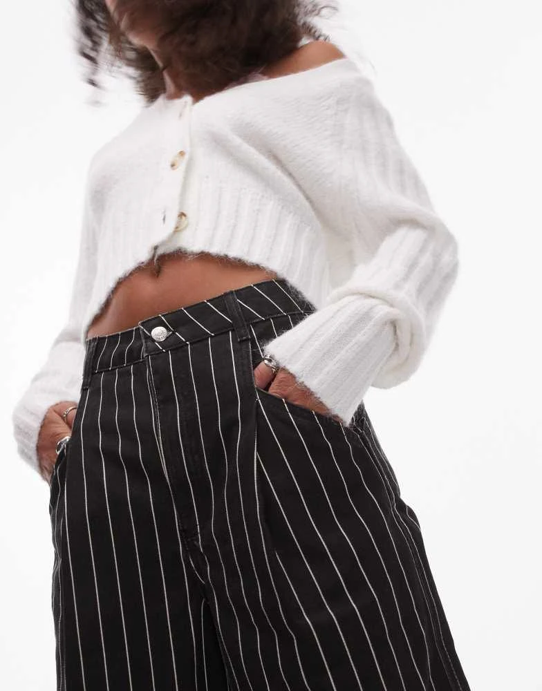 Topshop Topshop stripe wide leg turn back hem trouser in black 5