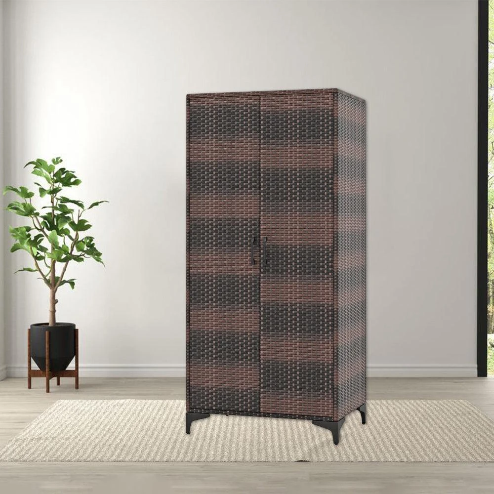 Hivvago 2-Door Rattan Wardrobe Closet with Hanging Rod and Woven Wicker Design