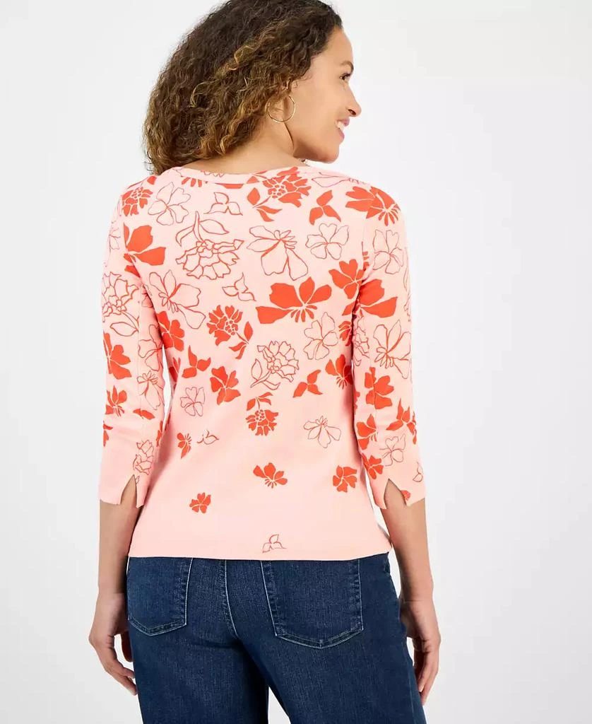 Style & Co Petite Floral Spark Printed Pima Cotton 3/4-Sleeve Top, Exclusively at Macy's 3