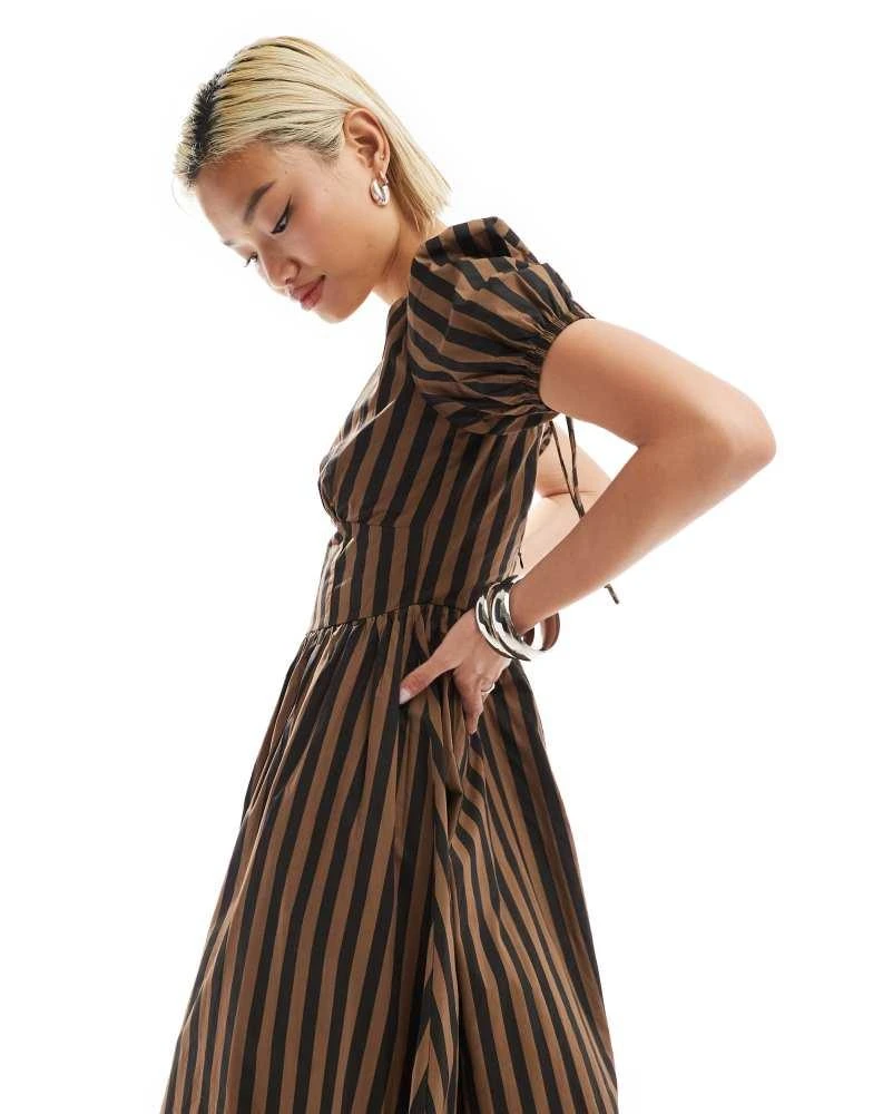 Glamorous Glamorous v neck puff sleeve romantic maxi dress in chocolate black stripe 4