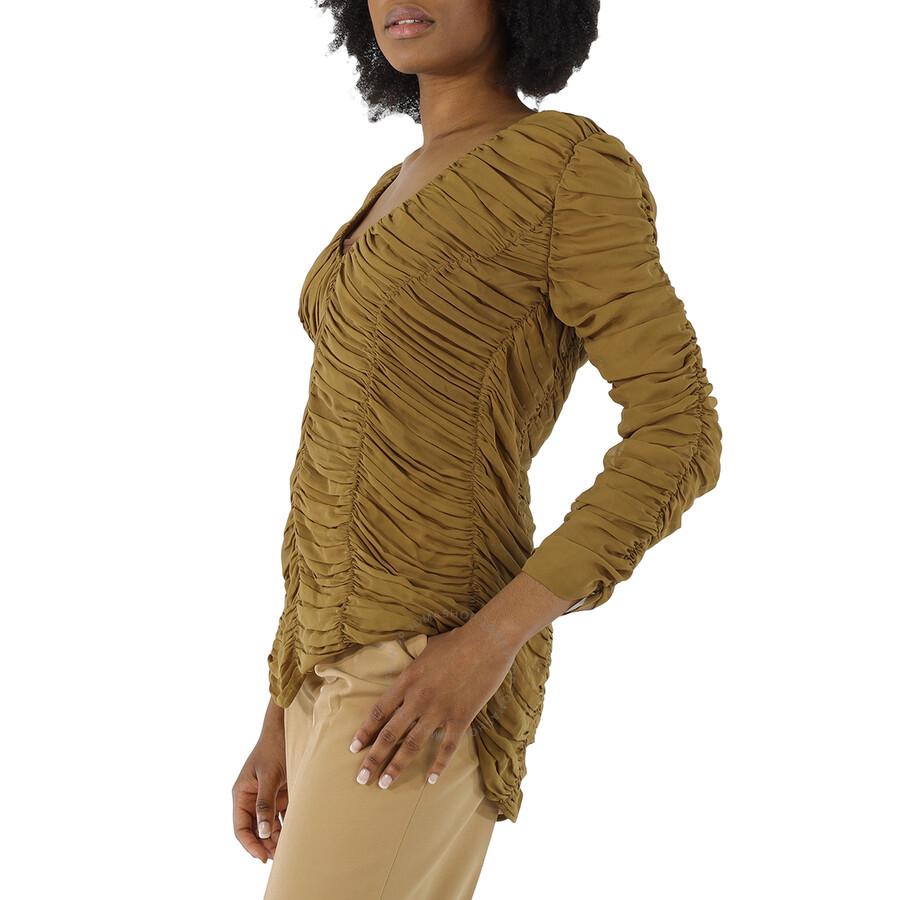 Khaite Ladies Khaki Brown V-Neck Ruched Silk Blouse