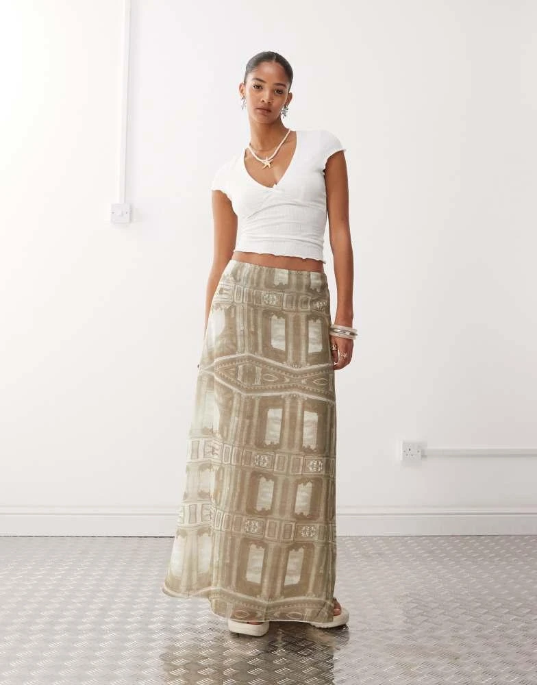 Monki Monki sheer maxi skirt in renaissance print in khaki 1