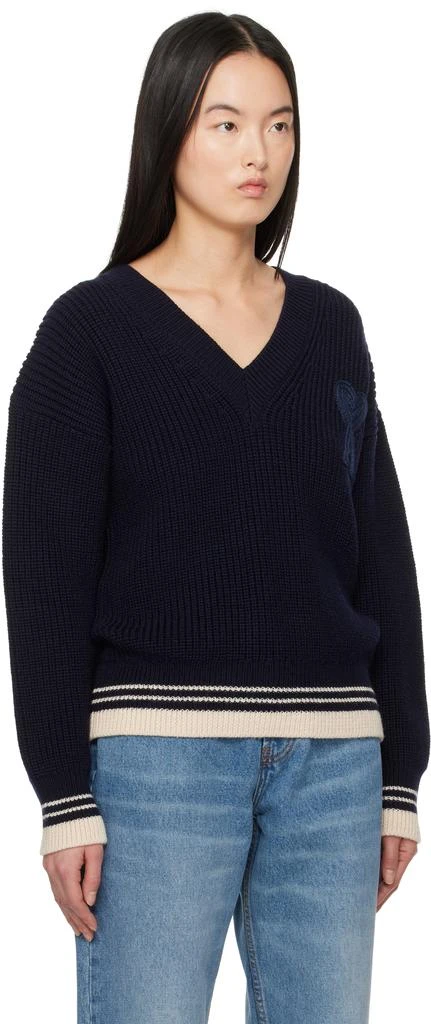 AMI Navy Wool Ribbed V-Neck Sweater 2