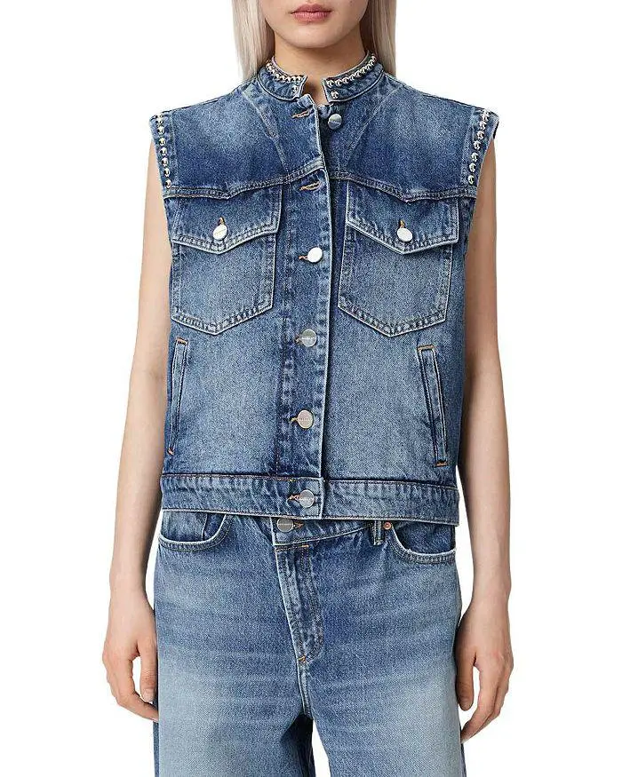 ALL SAINTS Mav Stud Denim Waistcoat in Vintage Indigo