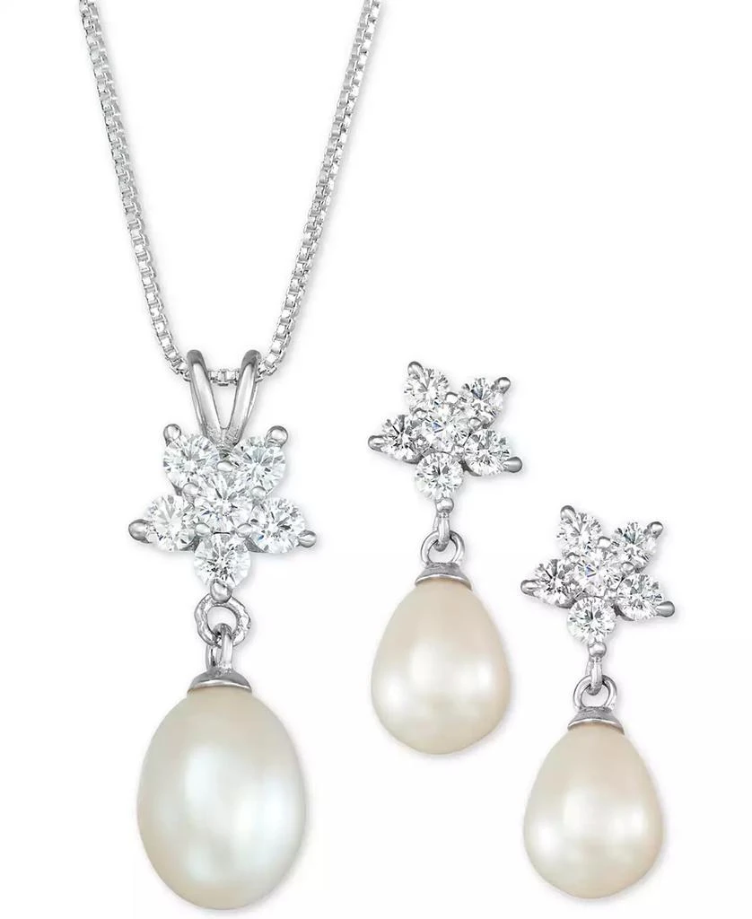 Macy's Cultured Freshwater Pearl (7 x 9mm) & Cubic Zirconia Pendant Necklace & Drop Earrings Set in Sterling Silver, Created for Macy's