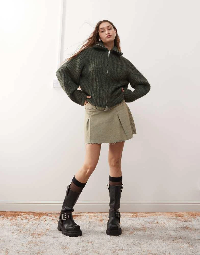 Weekday Weekday Bea wool blend zip through cardigan in dark green melange 2