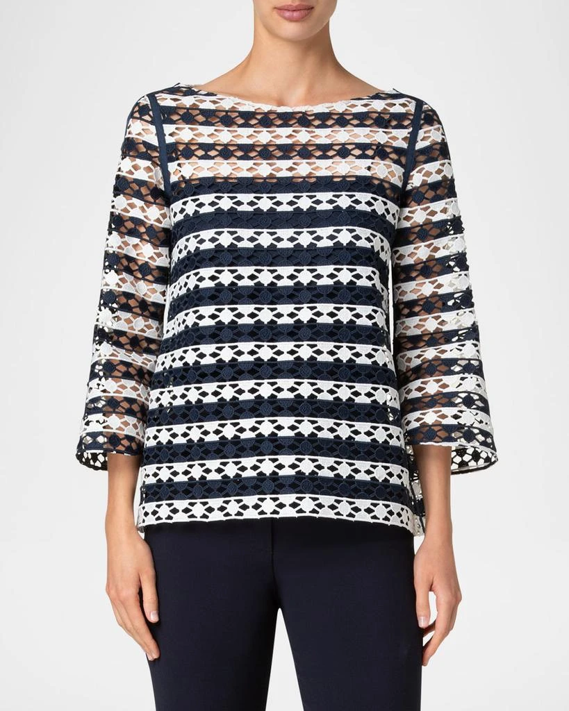 Akris Kodak Striped Dot Guipure Trumpet-Sleeve Blouse 3