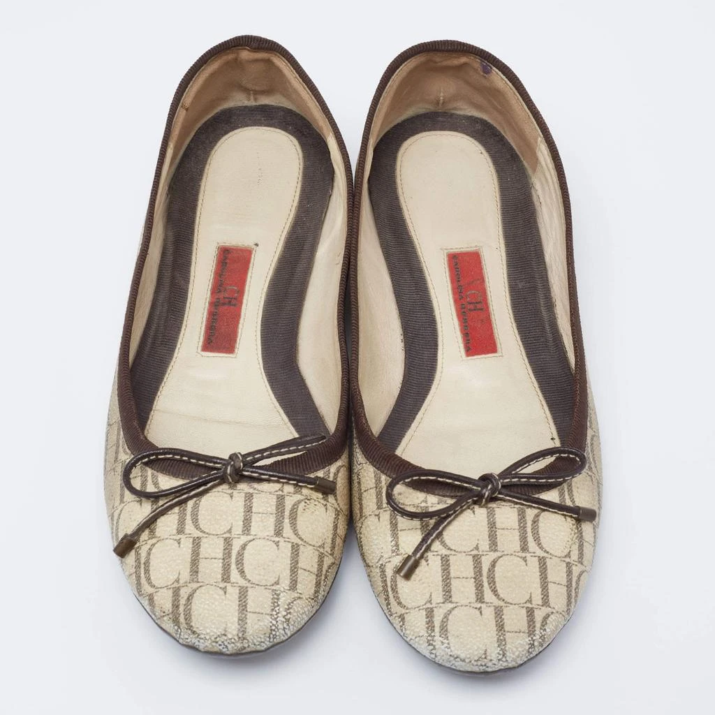 Carolina Herrera CH Carolina Herrera Cream Monogram Canvas Bow Cap Toe Ballet Flats Size 37 3