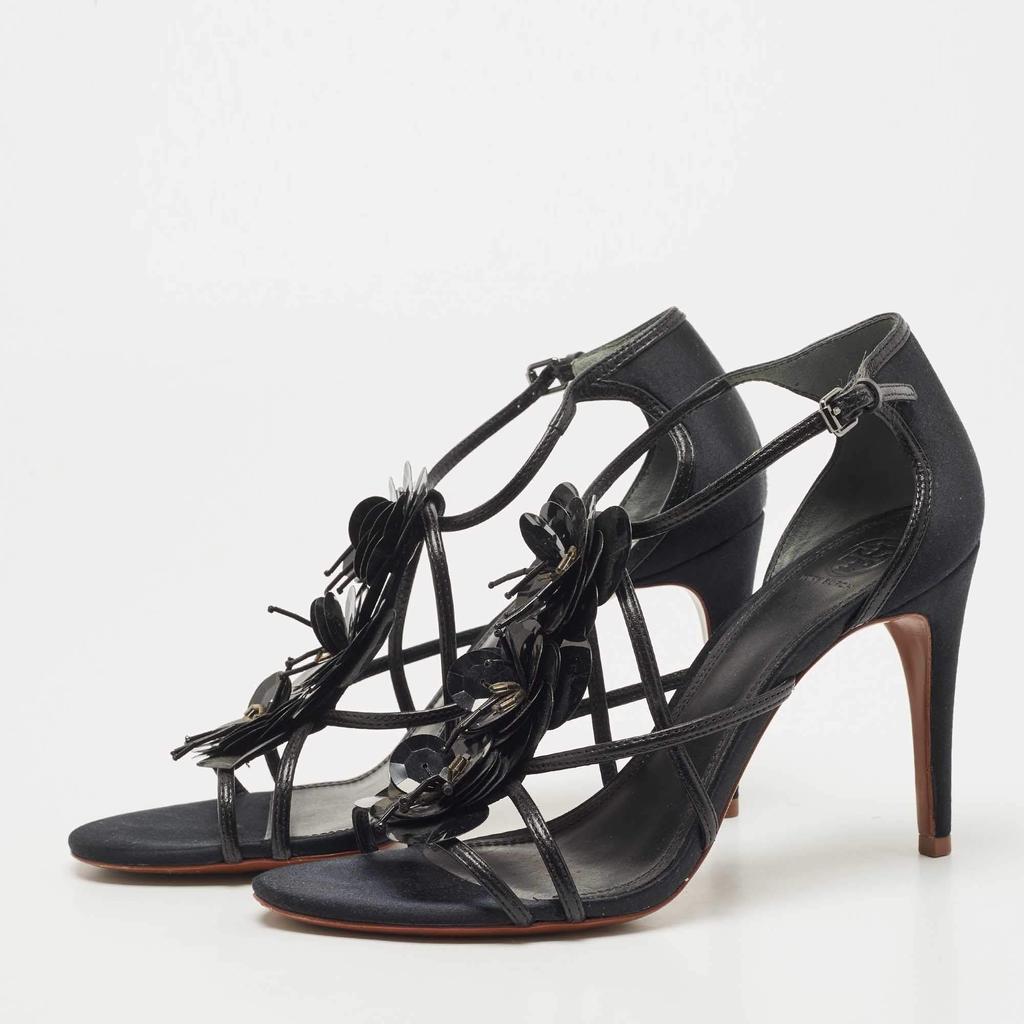 Tory Burch Tory Burch Black Leather Blossom Floral Embellished Sandals Size 38