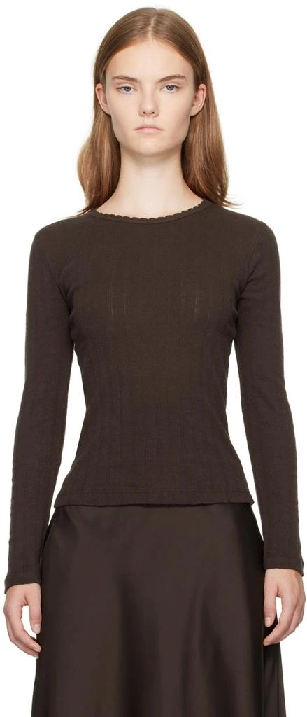 LESET Brown Pointelle Slim Fit Long Sleeve T-shirt 1
