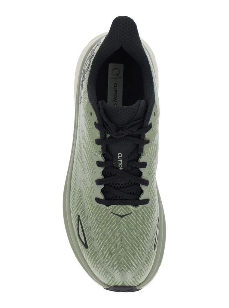 Hoka One One 'Clifton 9' Green Sneakers With Zig Zag Embroidery And Side Logo Print In Rubber Unisex 4