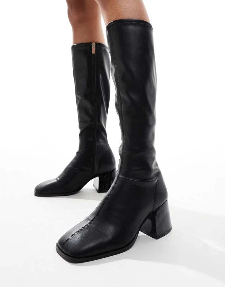 ASOS ASOS DESIGN Cloud flared block heel sock knee boots in black 2