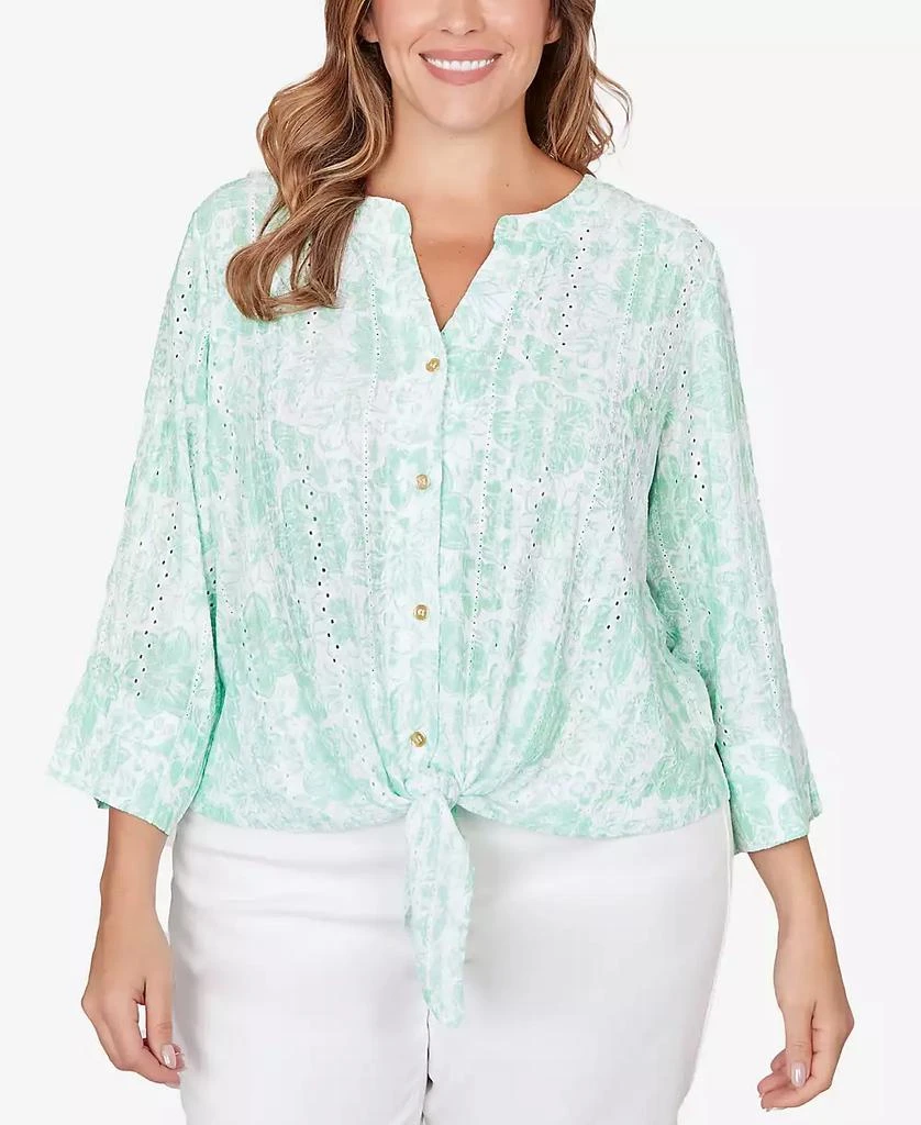 HEARTS OF PALM Plus Size Printed Eyelet Gauze Tie Front Top
