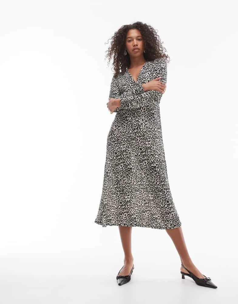 Mango Mango v-neck long sleeve leopard print midi dress in white 2