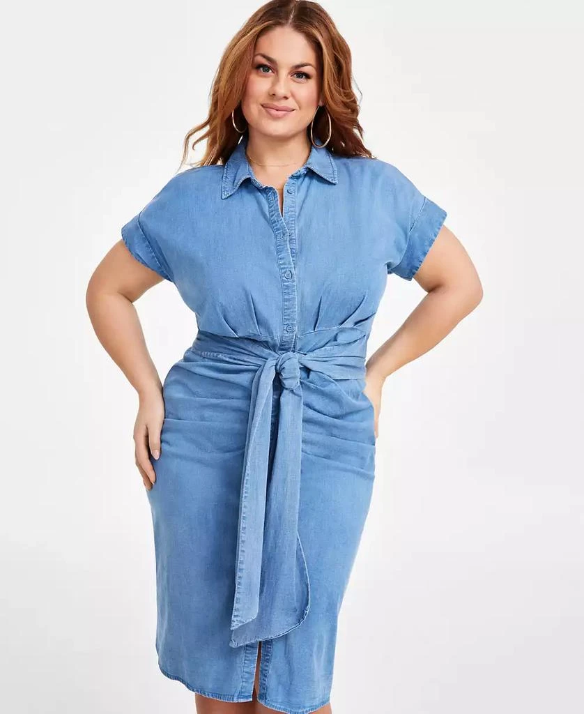 Nina Parker Trendy Plus Size Denim Ruched Tie-Front Dress 2