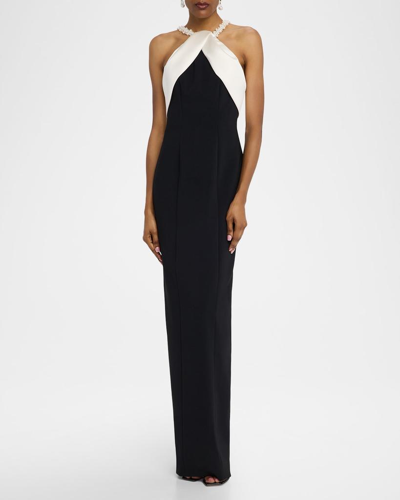 Pamella Roland Satin Beaded Halter Crepe Column Gown
