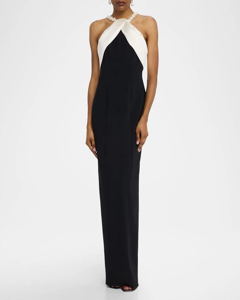 Pamella Roland Satin Beaded Halter Crepe Column Gown 2