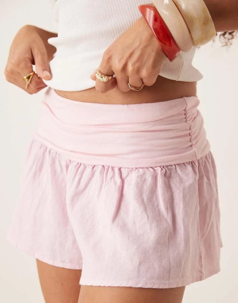 Mango Mango linen mix fold over waist bloomer short in pale pink 3