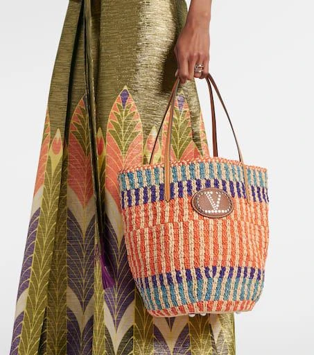 Valentino VLogo leather-trimmed raffia tote bag 7