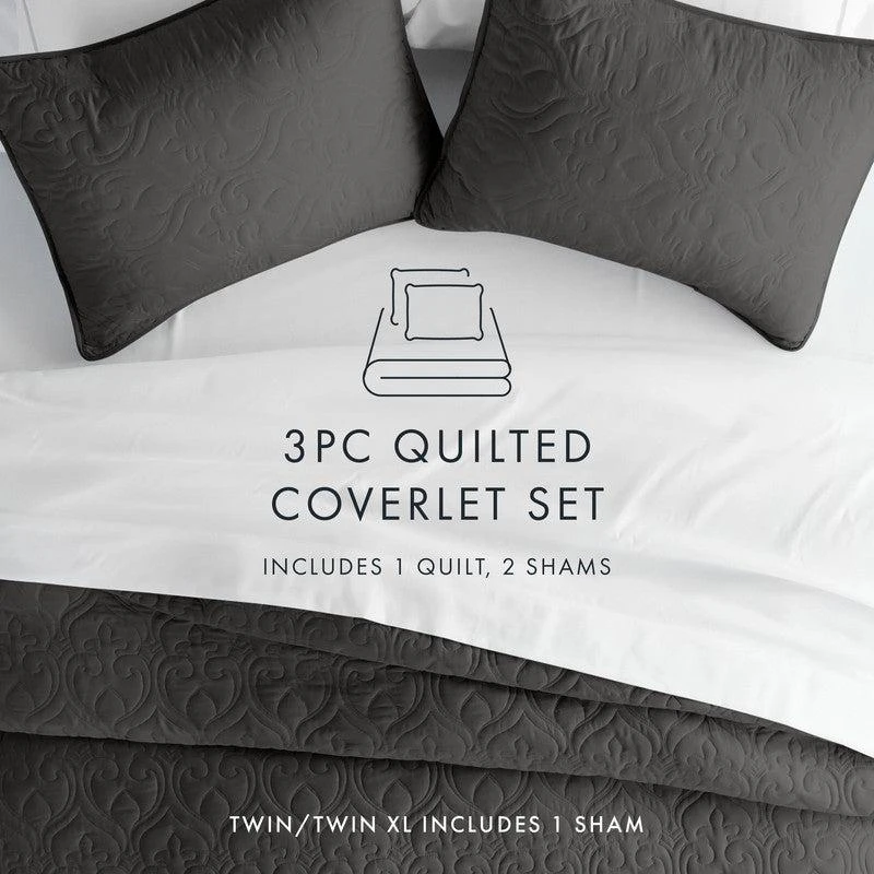 IENJOY HOME Damask Stitch Gray Quilt Coverlet Set Contemporary Ultra Soft Microfiber Bedding 6