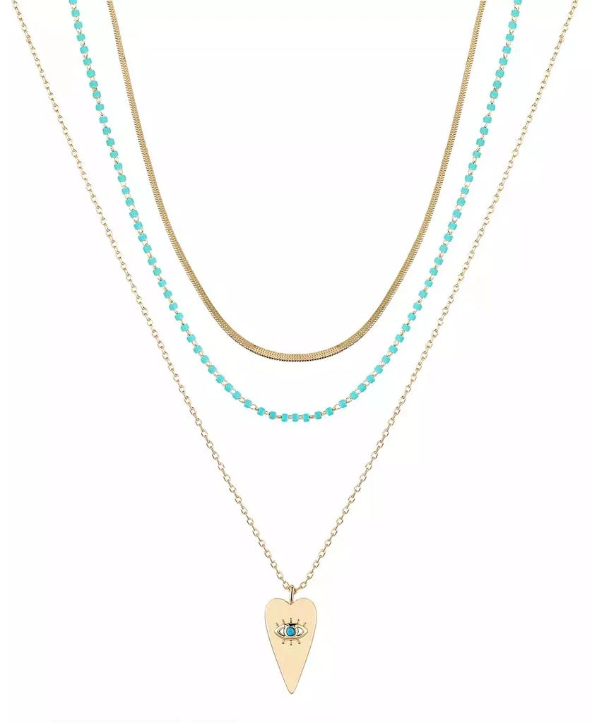 Unwritten 14k Gold Flash Plated Reconstituted Turquoise Stone and Evil Eye Heart Layered Pendant Necklaces, 3 Piece Set 1