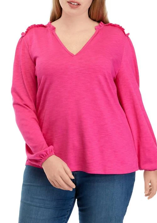 Crown & Ivy™ Ivy Plus Size Blouson Sleeve Smock V Neck Top 1
