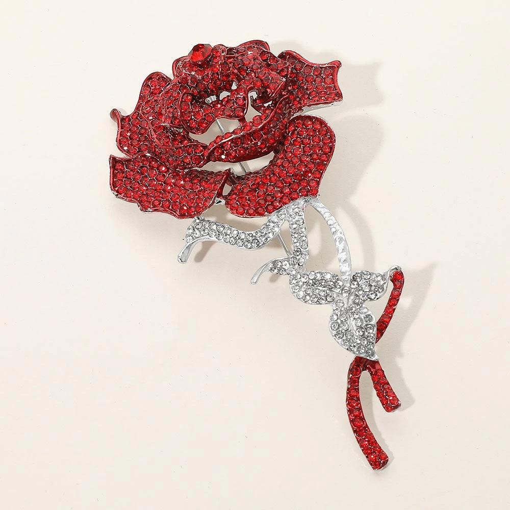 FASHNZFAB Stone Paved Rose Stem Pin Brooch