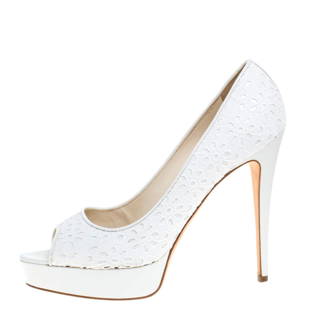 Brian Atwood Brian Atwood White Floral Embroidered Fabric Peep Toe Platform Pumps Size 39.5