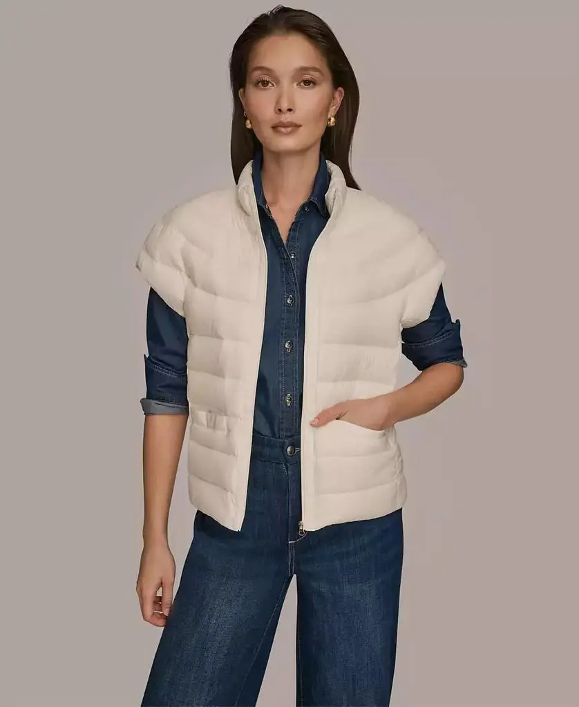 Donna Karan Weekend Women's Down Fill Packable Cap Sleeve Jacket with Sweater Knit Back