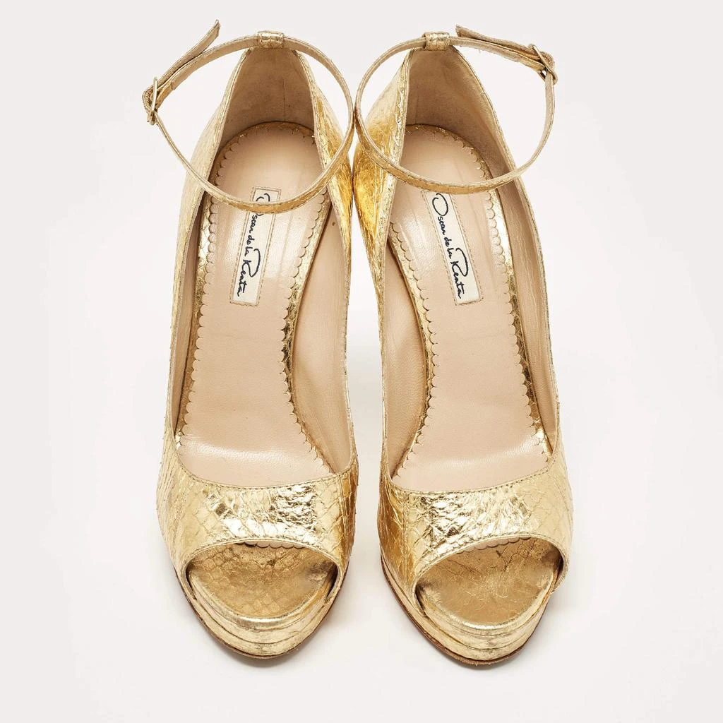 Oscar de la Renta Oscar de la Renta Metallic Gold Python Embossed Peep Toe Ankle Strap Pumps Size 37.5 3