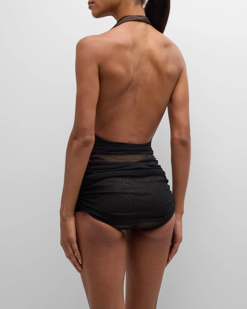 Norma Kamali Bill Ruched-Mesh Halter Maillot Swimsuit 4