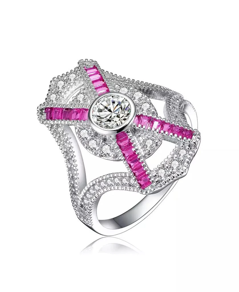 Genevive Sterling Silver White Gold Plated with Pink Baguette and Clear Round Cubic Zirconia Cocktail Ring