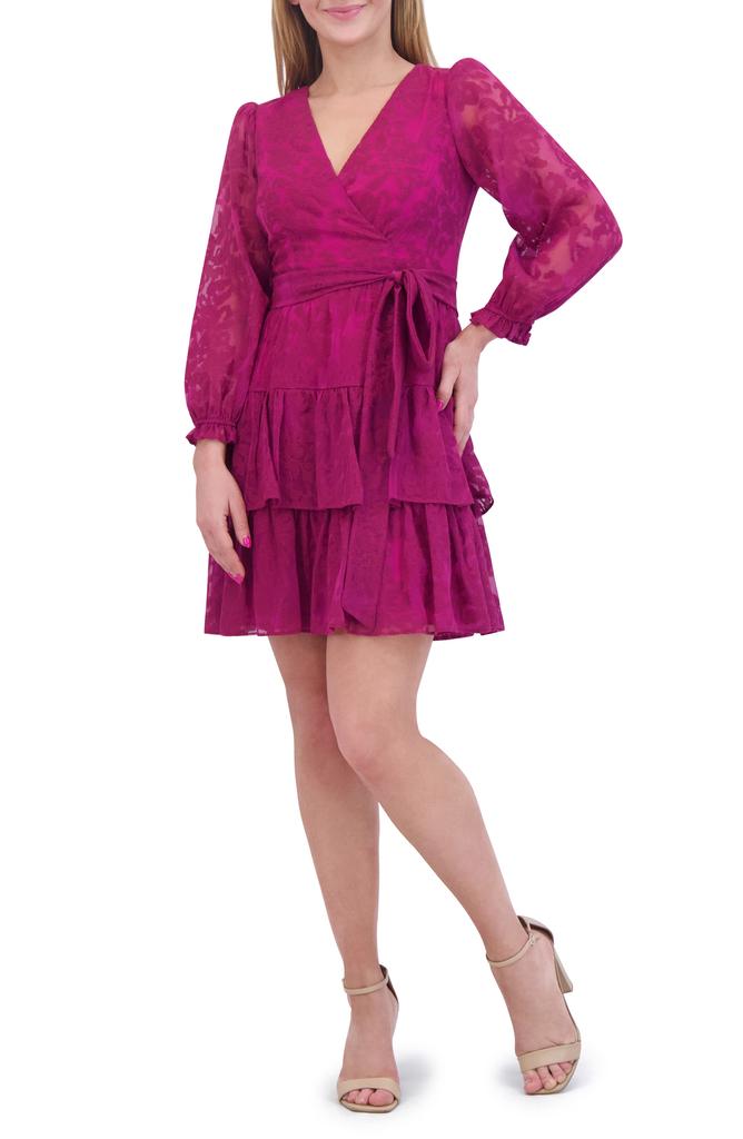 Eliza J Long Sleeve Tiered Faux Wrap Dress