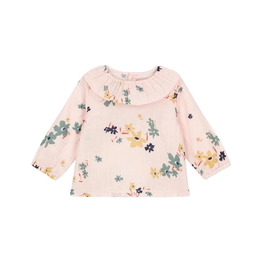 PETIT BATEAU Petit Bateau Girls Ruffled Neck Long Sleeve Top, Size 36M 1