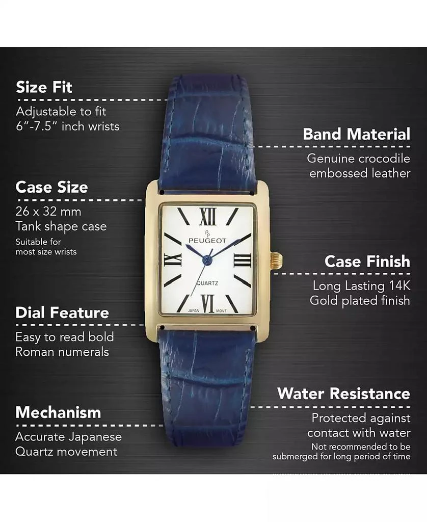 Peugeot Women's Tank Watch Roman Dial Blue Leather Strap 4