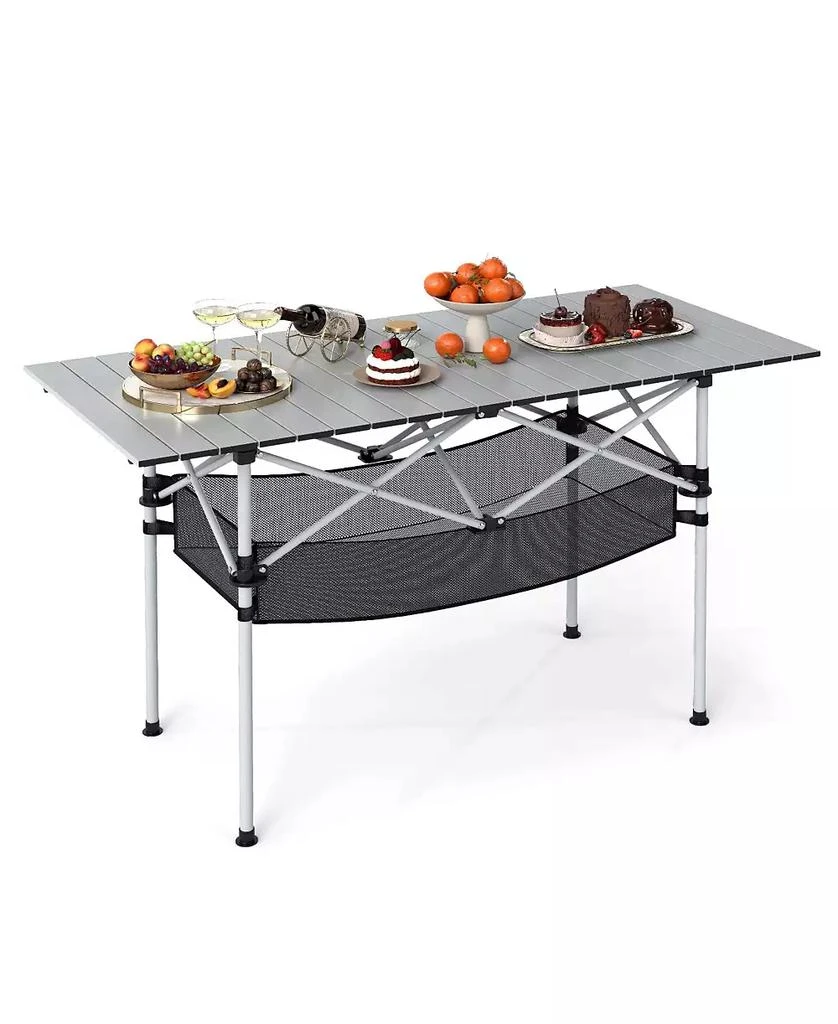 Mecale Portable Camping Table with Roll-Up Tabletop and Mesh Basket, Patio Outdoor Use