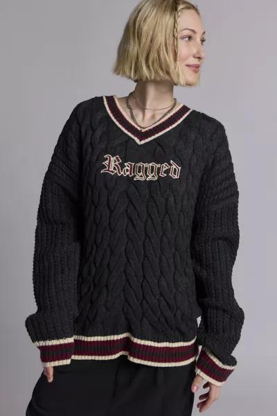 The Ragged Priest The Ragged Priest Embroidered Graphic V-Neck Cable Knit Sweater