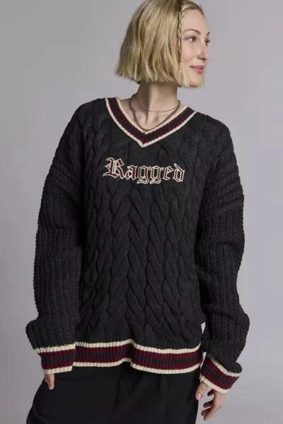 The Ragged Priest The Ragged Priest Embroidered Graphic V-Neck Cable Knit Sweater 2