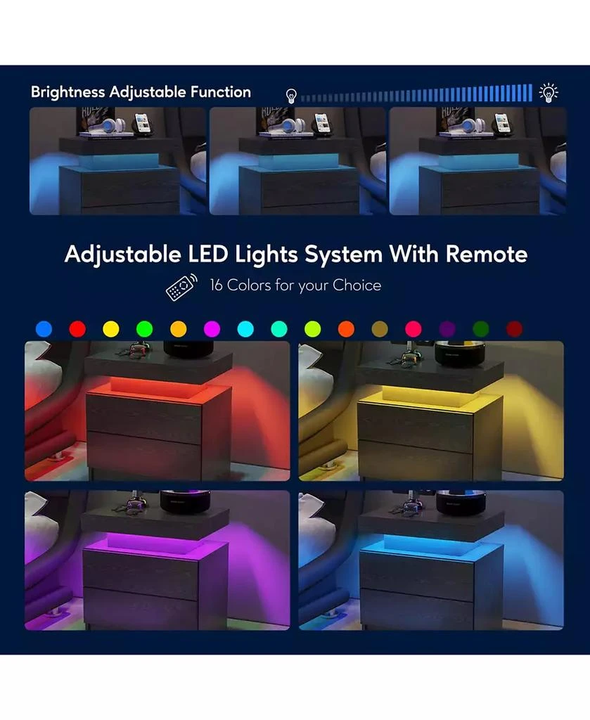 RAINSKEN LED Nightstand with 2 Drawers, Bedside Table Cabinet with Adjustable Color Lighting, Modern End Side Table for Bedroom, Living Room 2