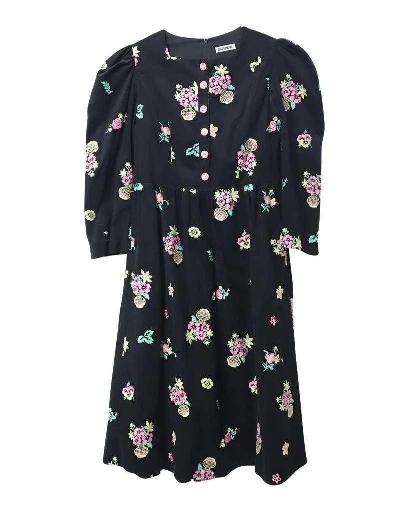 BATSHEVA Puff Sleeve Midi Dress in Black Floral Print Cotton 5