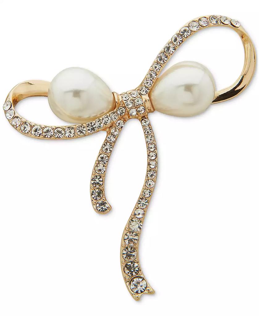 Anne Klein Gold-Tone Imitation Pearl & Crystal Pavé Ribbon Bow Pin